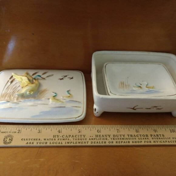 Vintage Ceramic Ashtray and Cigarette Holder Set Mallard Duck Trinket Dishes - Picture 9 of 10
